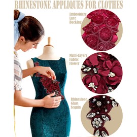 1pc Handmade Rhinestone Applique for Clothes, 3D Flower Fabric Patches for Wedding Dress, Bling Beaded Embroidery Lace Applique for Hat Hairband Sewing Embellishment (Deep Blue)