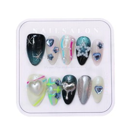 CAMILCY Press on Nails Handmade Nails Luxury Reusable Fake Nails For Girls Short Almond Armor Colorful Blue Diamonds HandPainted Salon Loveful Design Acrylic Gel UV Finished 3D Nails 10PCS (A074, S)