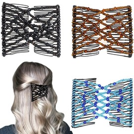 3 Pieces Elastic Magic Hair Comb Clips Stretchy Double Comb Hair Forks for Women Girls Vintage Hairstyle Multipurpose Hair Accessories (Bead Style-Blue Brown Black)