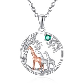 KINGWHYTE Giraffe Gifts Giraffe Necklace 925 Sterling Silver Cute Animal Three Giraffe Rose Gold Family Tree Giraffe Gifts for Women (May), Sterling Silver, Cubic Zirconia
