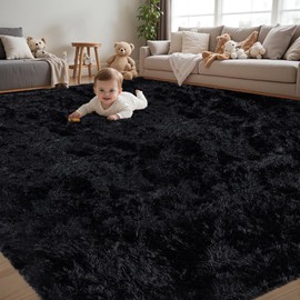5x7 Area Rug for Living Room:Ultra Soft Fluffy Shag Black Rugs,Large Fuzzy Plush Indoor Non Slip Carpet Washable Rug for Bedroom Kids Nursery Office Dorm Modern Decor(Black 5'x7')