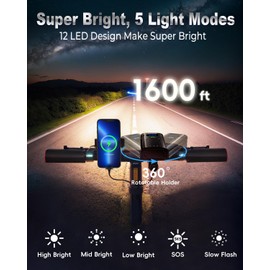 KELNOW Bike Lights for Night Riding, 12 LED 60H Runtime Super Bright Aluminum Bicycle Light Front and 40H Runtime Taillight, IPX6 USB Rechargeable LED Headlight Rear Light Adult