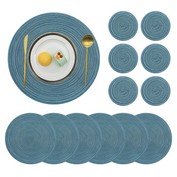 Pauwer Woven Table Placemats and Coaster sets 6, Round Cotton Dinner Table Mats Anti Slip Heat Resistant Place Mats Easy Clean