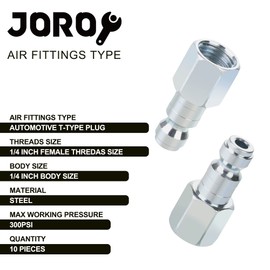 JOROY Air Compressor Accessories Fittings, Automotive T-type, 1/4 Inch Body Size, 1/4 Inch Female Threads Size, Steel Material, 300PSI Max Working Pressure, 10 Pieces Air Hose Plug Set