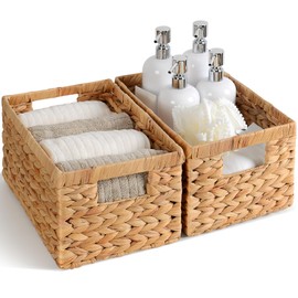 Set of 2 Wicker Shelf Storage Baskets for Organizing - Natural Durable Water Hyacinth Woven Basket Pantry Bin Organizers for Shelves with Handles for Home & Decor Organization, 12.5” x 8” x 6.5”