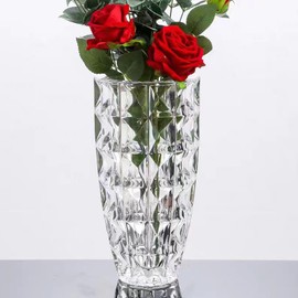GIDARY Flower Vase,Tall Vase,Large Vase, Clear Glass Vase, H 10 inch,Weighs 3.3 LB,Heavy Diamond Check Pattern Crystal Vase,for Home Decor,Bookshelf Decor,Flower Vase for Centerpieces (Clear)