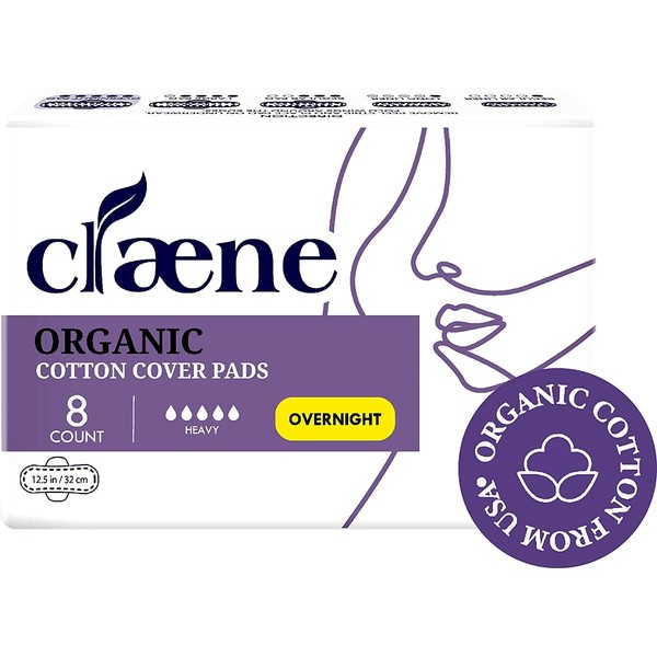 Claene Organic Cotton Cover Pads, Cruelty-Free, Menstrual Overnight Pads for Women, Unscented, Breathable, Vegan, Natural Sanitary Napkins with Wings (Overnight, 1 Pack, Total 8)