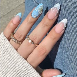 Kamize Almond Fake Nails Blue Press on Nails Full Cover Acrylic Medium French Fake Flower Nails for Women and Girls 24PCS