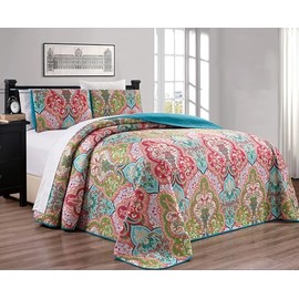 Grand Linen 3-Piece California King Size Oversized Quilt Set 120" X 95" All-Season Large Bedspread Pillow Shams Soft Lightweight XL Coverlet Turquoise Blue Sage Green Orange Red Colors Paisley Pattern