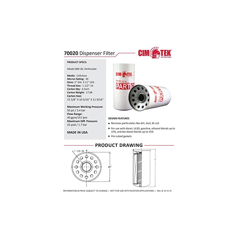 Cim-Tek 70020 800-30 Fuel Dispenser Filter, 30 Micron Hi Flow