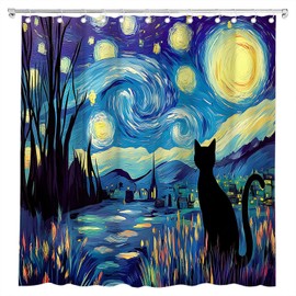 TQNNTQ Funny Starry Night Black Cat Shower Curtain Abstract Oil Painting Kitten Moon Stars Mountain Forest Modern Art Bath Curtain Fabric Bathroom Accessories Decor with Hooks 70W x70L