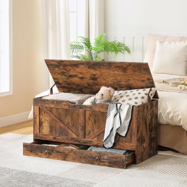 HOOBRO Storage Chest, 39.3" Toy Chest with Drawer, Wooden Storage Bench, Sturdy Entryway Bench Supports 220 lb, Shoe Bench, Safety Hinge, U-Shaped Opening, Easy Assembly, Rustic Brown FG710CW01G1