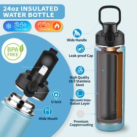 Insulated water bottle with Straw,24oz Stainless Steel Water Bottle for Adult Kids,Double Wall Vacuum Wide Mouth Insulated Water Bottle for Sports,BPA-free and Leak-proof（24oz,Glacier Blue）