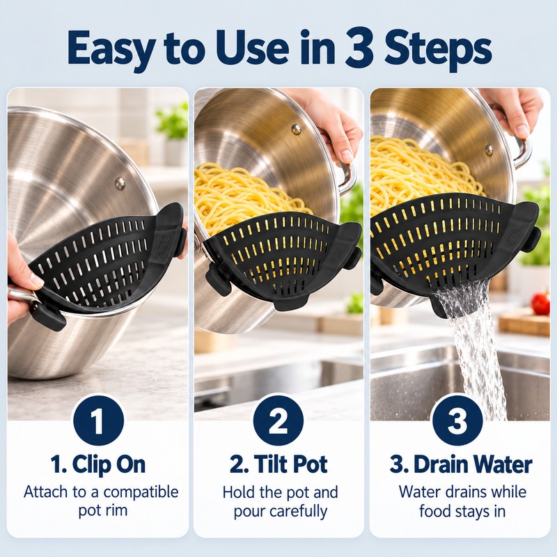 Clip-On Silicone Pot Strainer for Pasta, Vegetables & More –