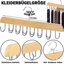 Belt Holder Wardrobe, 1 Piece Wooden Belt Holder with 14 Metal Hooks, Rotating Tie Hanger, Space-Saving Belt Storage Organiser Tie Hanger Wood for Scarves, Ties, Belts, Braces