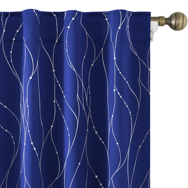 HOMEIDEAS Royal Blue Blackout Curtains 52 X 84 Inches Long 2 Panels Silver Wave Line with Dots Printed Back Tab Room Darkening Curtains, Pocket Thermal Light Blocking Window Curtains for Bedroom