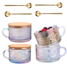 DONGSHANGIFT Vintage Glass Coffee Mugs Set,Clear Embossed Glass Tea Cups with Bamboo Lids and Spoons, Cute Coffee Bar Accessories, for Cappuccino, Latte, Overnight Oats, Cereal,Yogurt,Gift (4Rainbow)