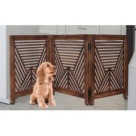 Lightnpro Geometric Wooden Dog Gate - Free-Standing Foldable Pet Barrier for Indoor Use, Safety Gate for Dogs, Cats & Small Pets, Ideal for Stairs & Entryways - 24x54 Inch Natural Burnt
