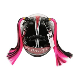 3T-SISTER - Casco para motocicleta, trenzas de cola de caballo, pelo sintético con ventosa, decoración negro y rosa (casco no incluido)