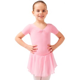 tanzmuster Children’s Short Sleeve Betty Ballet Outfit - Made of Cotton with Rhinestones and Chiffon Skirts - in Pink, White, Black, Light Blue, Pink, Lavender, Burgundy, Navy and Purple., 164/170