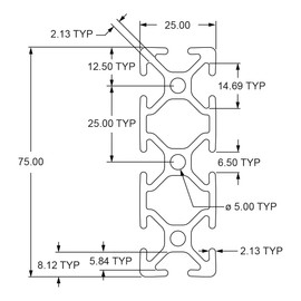 8020, 25-2576, 25 Series 25mm x 75mm T-Slotted Aluminum Extrusion DIY Extruded Linear Slot Bar Rail Metric 80/20 (Clear Anodize, 1220mm)