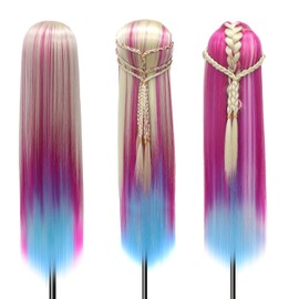 Training Heads, 28 Inch Practice Head, Hairdresser Head, 100% Synthetic Fibre Hair Styling Head for Hairdressers with Free Clamp and DIY Braiding Set (Colourful)