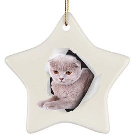 Funny Scottish Fold Cat Blue Cream Coming Out of Cracked Wall Gifts 2025 Christmas Tree Ornaments Ceramic Star