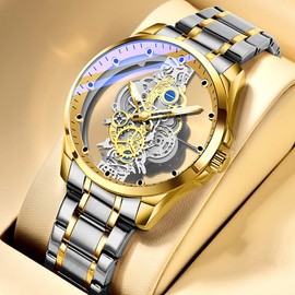 Tiong Sliver Gold Skeleton Quartz Watches Stainless Steel Waterproof Watches for Men， Men's Clear Cover Business Quartz Watches -Sliver Gold