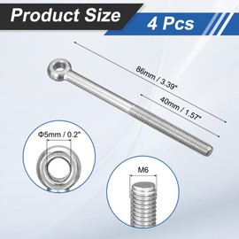 uxcell 4Pcs M6 x 80mm Lifting Eye Bolts, 304 Stainless Steel Machinery Shoulder Swing Bolt Lifting Ring Eyebolt for Pipeline Gate Valves, Building Steel Pipe Fasteners, Silver