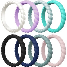 Saco Band Silicone Ring for Women - 3mm Width 2.5mm Thick (Black, Teal A, Metal Blue B, Dark Blue H, Pearl Silver A, Dark Green E, Light Purple A, Light Coffee D- Size 7.5-8 (18.20mm))