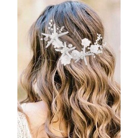 Latious Starfish Bride Wedding Hair Vine Silver Flower Bridal Hair Piece Pearl Hair Accessories Hair Jewelry for Women and Girls (13.8 Inches)