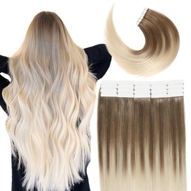 VINBAO Tape in Hair Extensions, 20 Stück, 35 cm, 50 g, Sandbraun bis Platinblond, Extensions, Echthaar, selbstklebend, bunt, Remy-Extensions, Echthaar, Tape, #8T60 – 35 cm