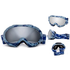 Kids Boys Girls Snow Goggles Anti-Fog Dual Lens UV400 Ski Goggles Camouflage Blue Mirror