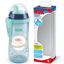 NUK Kiddy Cup Night Toddler Cup | 12+ Months | 300 ml | Leak-Proof Toughened Spout | Glow in The Dark | Clip & Protective Cap | BPA-Free | Blue