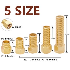 BesNPT 5 Pack 1/2" Male To 1/2" Female Brass Pipe Hex Extension Adapter Set