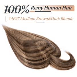 Benehair 100% Remy Human Hair Toppers for Women with Bangs 150% Density Hand Made Silk Base Clip in Hair Pieces for Women with Slight Hair Loss Thinning Hair -16 Inch Medium Brown&Dark Blonde