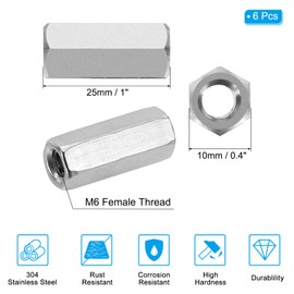 PATIKIL M6x1mm Stainless Steel Hex Coupling Nuts, 6pcs 25mm(1") Long Coarse Fully Threaded Rod Coupling Nut Studding Connector Fasteners