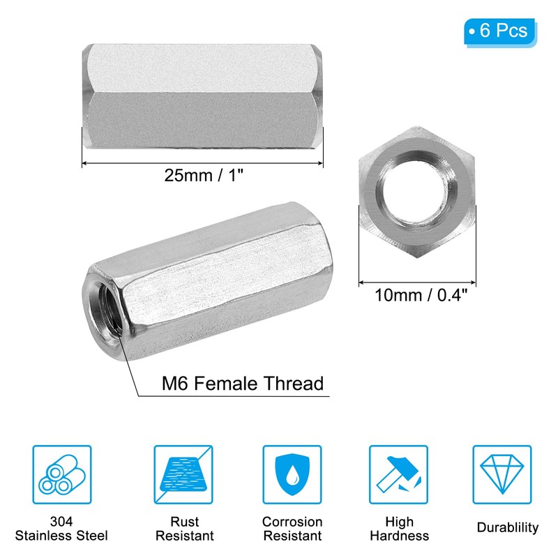 PATIKIL M6x1mm Stainless Steel Hex Coupling Nuts, 6pcs 25mm(1") Long