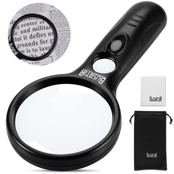 Magnifying Glass with Light, BUSATIA LED Illuminated Magnifier with 3X 45X High Magnification, Lightweight Handheld Magnifying Glass for Reading, Inspection, Jewellery, Hobbies & Crafts