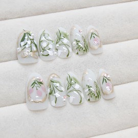 Green Press on Nails Medium Almond Fake Nails 3D Pearl Rhinestones Designs Full Cover Artificial Stick on Nails Reusable Acrylic Nails Pearl Charms Glue on Nails Stick on Nails for Women Girls 24Pcs