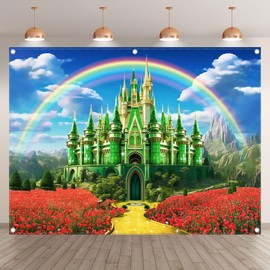 Yriujul 8x6ft Polyester Green Castle Backdrop Yellow Brick Road Rainbow Sky Photography Background Floral Banner Kids Party Decorations Photo Props