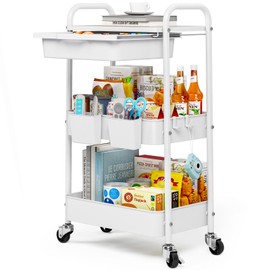 KINGRACK 3 Tier Metal Rolling Cart with Drawer, White Utility Storage Cart | 2 Cups & 4 Hooks, Lockable Wheels, Trolley Organizer for Bathroom, Kitchen, Office, Nursery, Dorm, Laundry, Craft Room