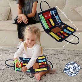 Esjay Tabla ocupada para niños pequeños, tabla sensorial para habilidades motoras finas, juguetes Montessori educativos de aprendizaje para niños pequeños para viajes, coche, avión, juguetes de regalo para niños de 1, 2, 3, 4 años (azul)