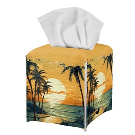 Talayituse Hawaii Sunset Palm Tree Print Tissue Box Cover Square Tissue Box Holder with Bottom Belt, Foldable Napkin Facial Tissue Holder Dispenser Home Car Decor Facial Paper Organizer