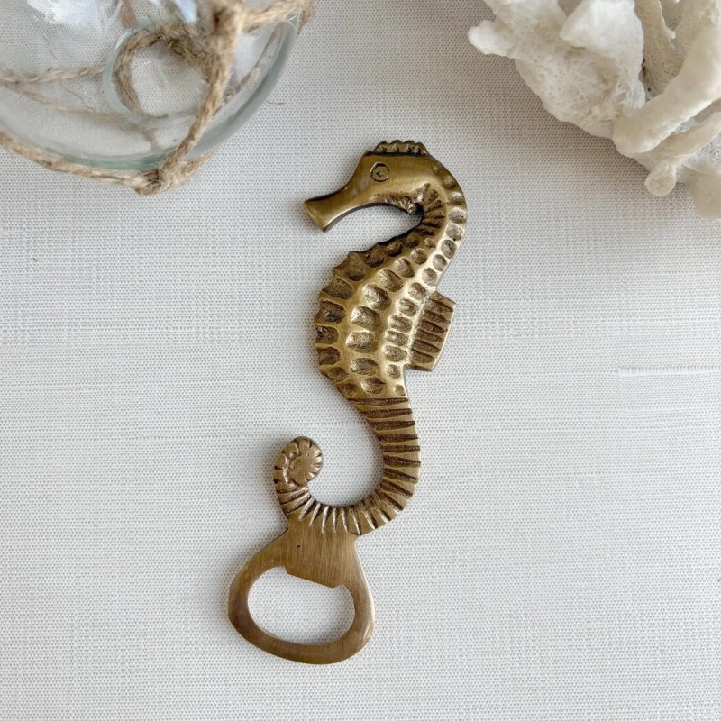 6" Antiqued Brass Sea Horse Bottle Opener, Coastal Barware