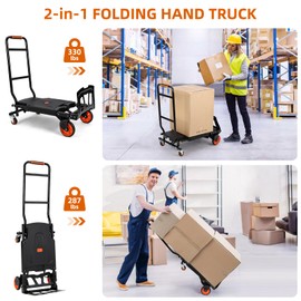 Folding Hand Truck, 330 Lbs Capacity Heavy Duty Dolly Cart, 2 in 1 Convertible Hand Cart with 4 Wheels and 2 Elastic Ropes, Collapsible Platform Cart for Moving, Luggage, Travel, Shopping, Warehouse