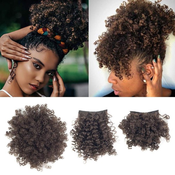 Afro Puff Bun with Bangs for Black Women Drawstring Ponytail with Replaceable Afro Puff Bangs and Spring Curl Bangs Bun with 2 Bangs Clip in Hairpieces Pineapple Ponytail Hair Extensions(#4 Dark Brown)