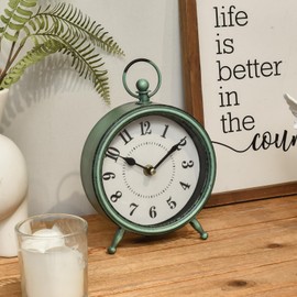 MACVAD Vintage Small Rustic Green Table Clock on Stand - Decorative Desk and Shelf Clock, Battery Operated, Silent Non-Ticking Timepiece Perfect for Office, Living Room, and Bedroom Decor