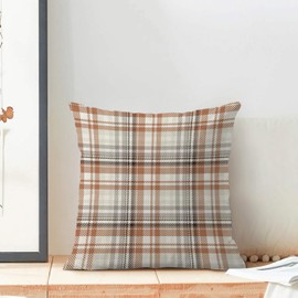 Gohdiwh Fall Pillow Covers 18x18 Set of 2, Orange Buffalo Plaid Pattern Decorative Throw Pillows Linen Autumn Thanksgiving Cushion Pillow Covers for Sofa Couch Outdoor Decor