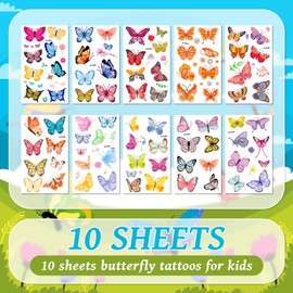 100 Styles Butterfly Temporary Tattoos for Girls, Colourful Art Tattoos for Children, Kids Temporary Tattoos for Birthday Party Gifts and Makeup Accessories (10 Sheets)